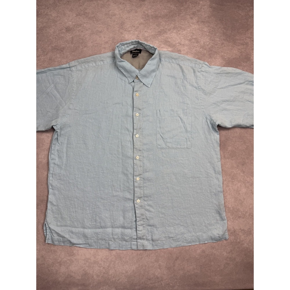 Neiman Marcus Shirt Mens Large Light Blue‎ Linen Button Up Short Sleeve Casual